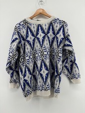 Justin Allen Sweater Mens Large White Blue Aztec Vintage USA Made Crewneck L