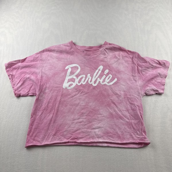 Barbie Movie T-Shirt Womens Size L Large Pink Tie Dye Crop Raw 100% Cotton