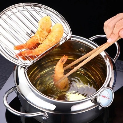 20cm Japanischer Stil Frittiertopf mit Thermometer Küche Tempura Bratpfanne