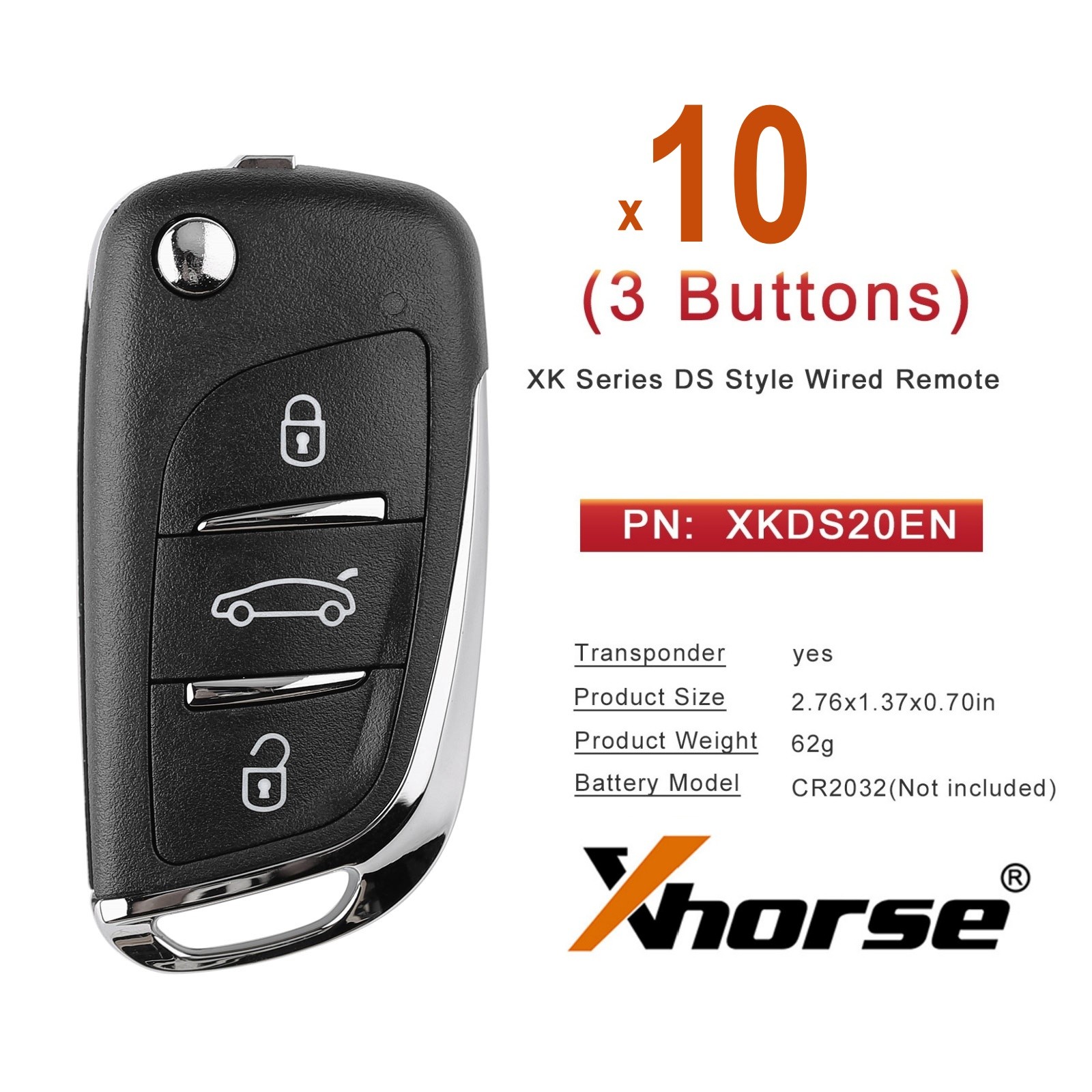 10x Xhorse Universal Wire Remote Key DS Style Flip 3 Buttons XKDS20EN  for VVDI2