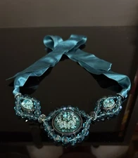 Auth. Lanvin Womens Glass Choker on Ribbon, Teal/Blue, Size U