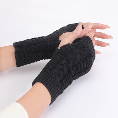 Womens Winter Long Half Finger Fingerless Gloves Warmer Knitted Mittens