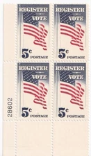 STAMP US SCOTT 1249 "Register Vote" 5 CENT 1964 MNH PB OF 4 LL - A
