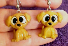  Pup Puppy Dog Cross Eyed Tan Drop Dangle Hook Earrings - 1 Pair Perfect Gift  