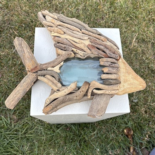 Driftwood Fish 16” Long And 14” Tall nautical beach  decor With Vintage Bottle