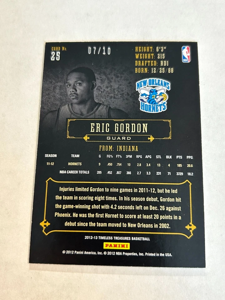 2012-13 PANINI TIMELESS TREASURES ERIC GORDON 7/10 GOLD FOIL HORNETS SSP - Image 2 of 2
