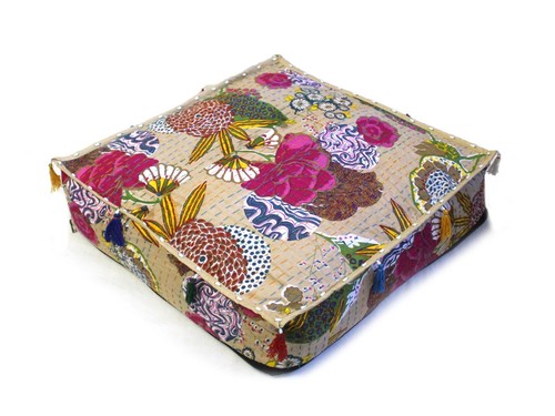 20X20X4 Inches Indian Beige Kantha Cushion Box Cover Square Floor ...