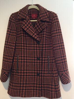 Womens Cole Haan Orange Rust Color Houndstooth Wool Coat