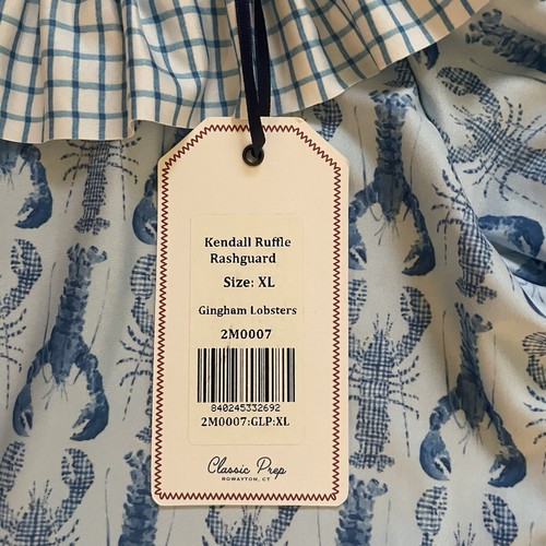 NWT Classic Prep Girl’s Swimsuit Ruffle Swim Bottom & Rashguard Gingham Lobsters - Picture 3 of 11