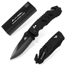 FLISSA Folding Pocket Knife Glass Breaker Seatbelt Cutter Survival Knife w/Clips