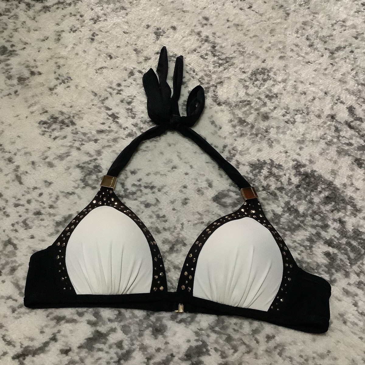 Victoria Secret Swim Top S White Black Trim Bikini gold