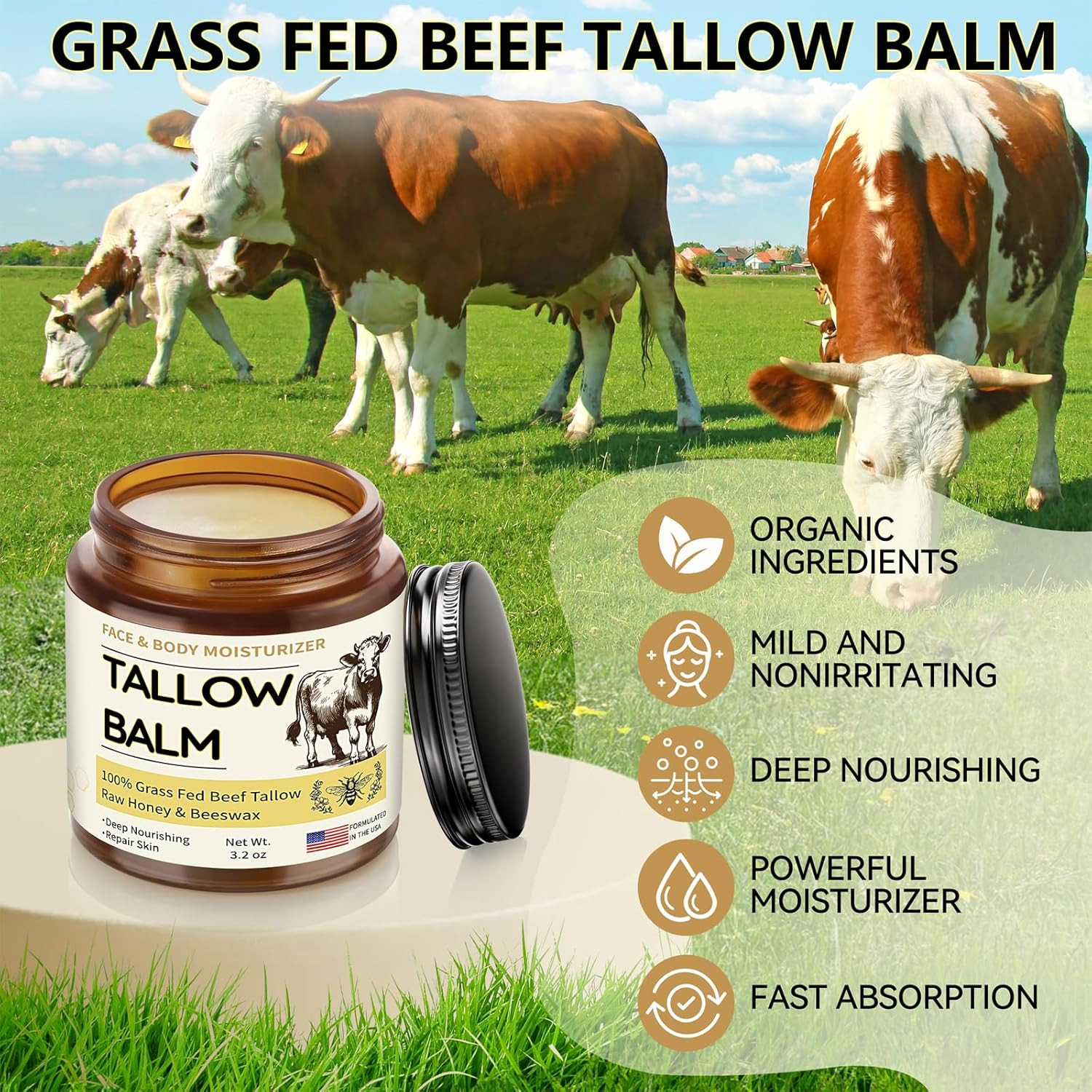 Beef Tallow for Skin, Organic Whipped Tallow and Honey Balm, Grass Fed Beef Tall
