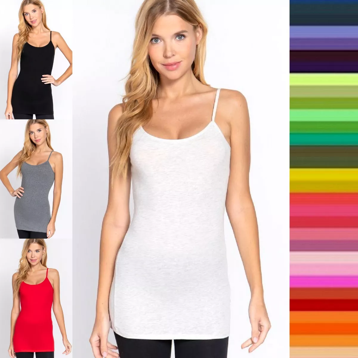 Women Long Cotton Cami Adjustable Strap Soft Stretch No Bra Tunic Tank Top  8745