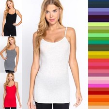 Women's Long Cotton Cami Adjustable Strap Soft Stretch No Bra Tunic Tank Top