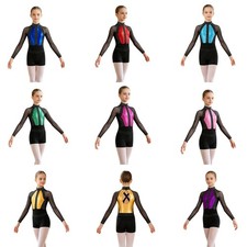 US Girls Gymnastics Dance Costume Patchwork Mesh Rhinestones Leotard Cross Back