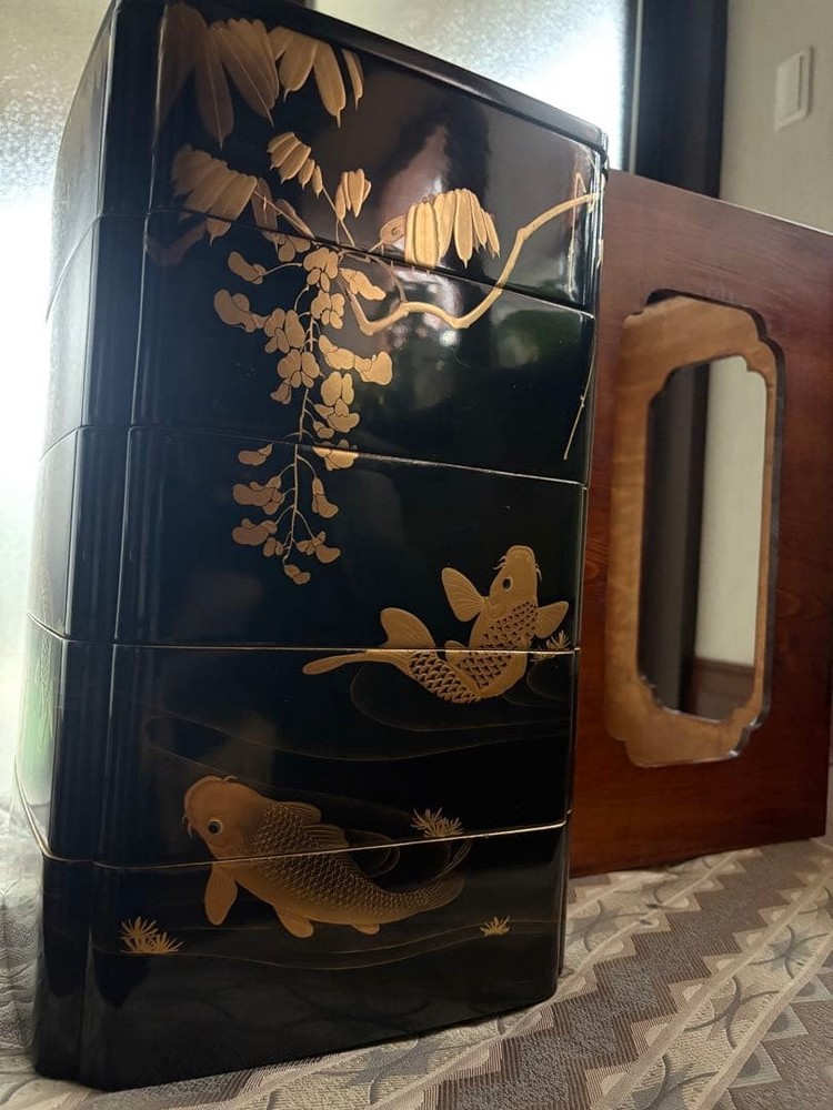 Jubako Bento Box Japanese Lacquer box with carp decoration Jubako Bento Box Japanese Lacquer box with carp decoration