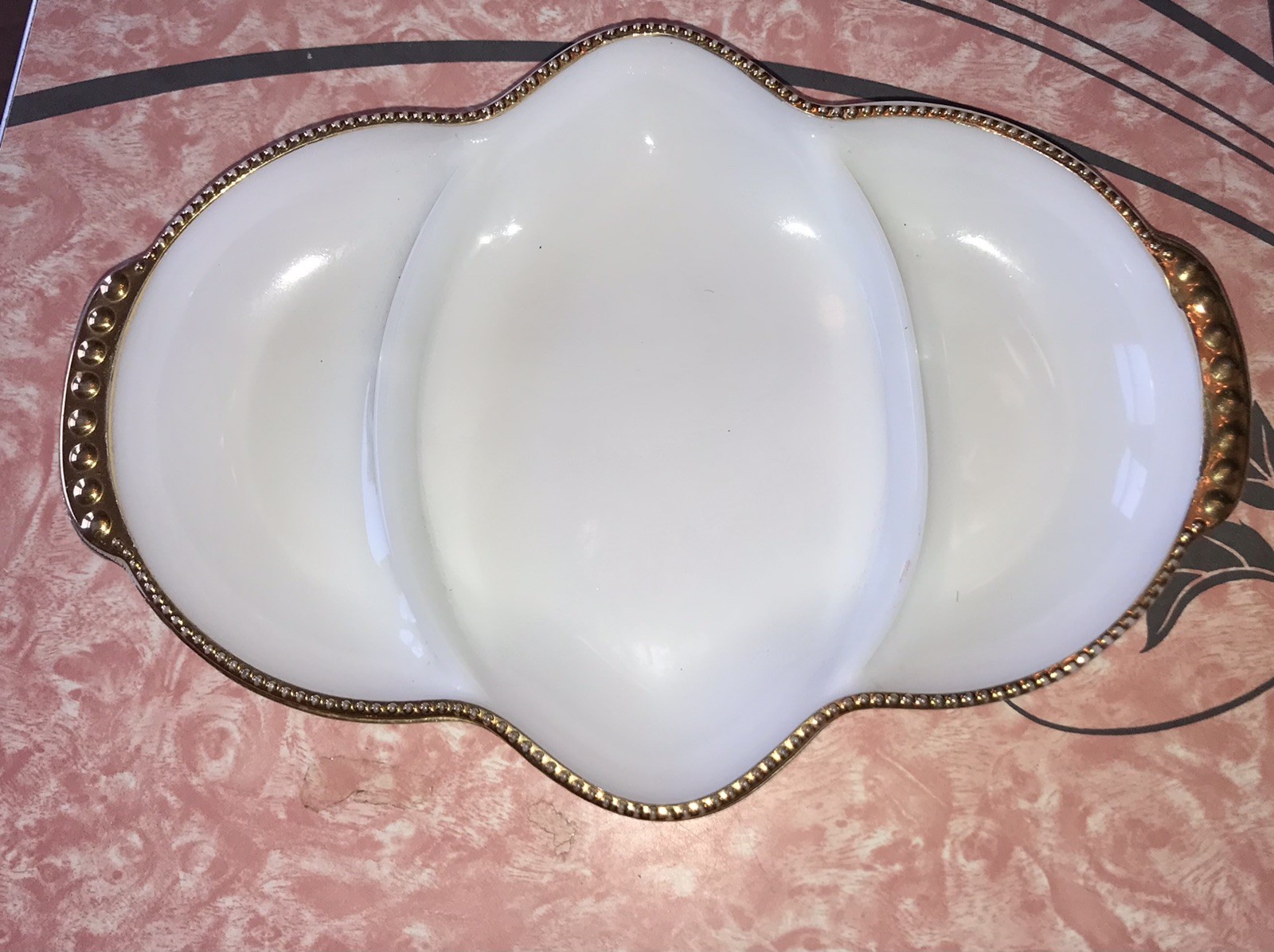 Vintage FIRE KING ANCHOR HOCKING Milk Glass Gold Trim Divided Dish Plate White