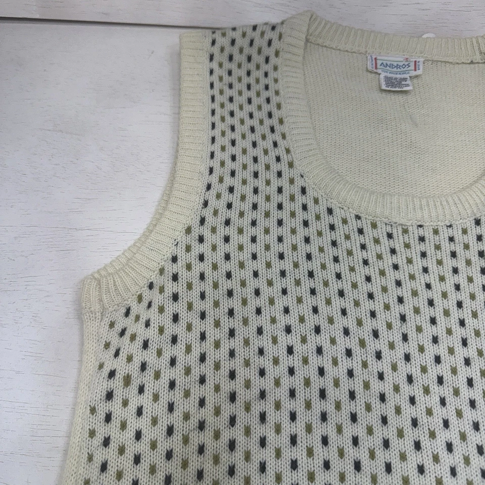 Chaleco Vintage Andros Prep Cuello Redondo Acrílico Virgen Beige Manchado Geométrico Para Hombres S Foto 3 de 4