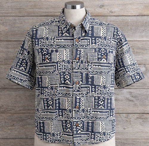 Orvis, Vintage Orvis tribal pattern button-front short sleeve Hawaiian shirt size LARGE