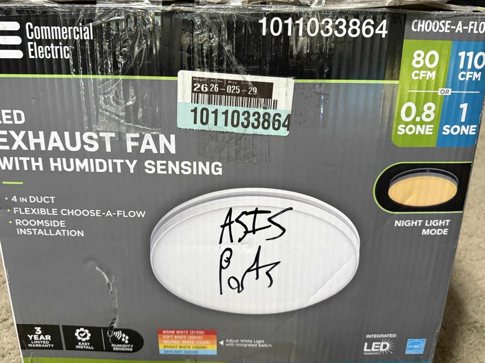 Commercial Electric 80/110 CFM Bath Exhaust Fan LED 1011033864 ASIS READ DESCRIP
