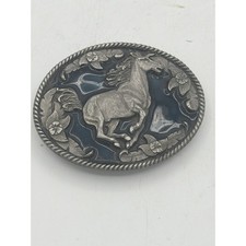 Vtg 80s Bergamot Brass Works Running Horse Pewter Belt Buckle V-256 Blue Enamel