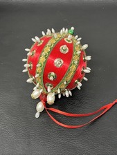 Vintage Push Pin Ornament Satin Ball Sequin Bead Medium Handmade Red