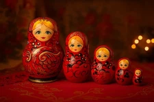 Hand Painted Russian Matryoshka Nesting Dolls Red Rhinestones Signed 3"