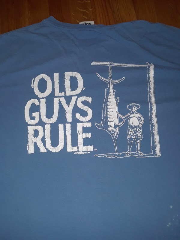 Men's Old Guys Rule Blue Fisherman Swordfish T-Shirt Size Large READ AS IS