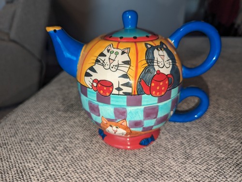Vintage Catzilla Candace Reiter 2001 Cat Teapot Tea Cup 3-PC 6"H 