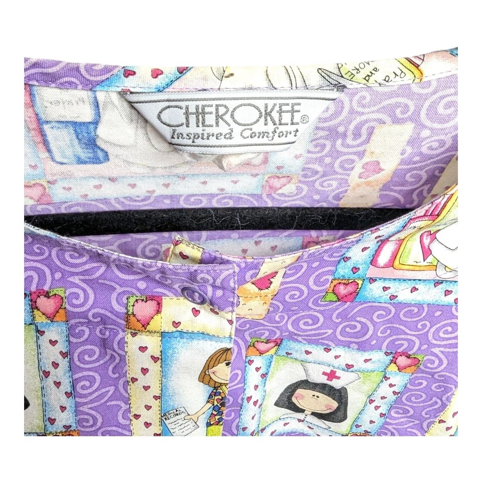 Cherokee Purple Cartoon Medical Nurse Doctor Womens Scrub Top Size Medium  - Image 4 of 4