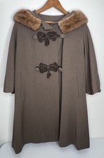 Vintage 60s Union Made Brown Wool Swing Coat Fur Collar Elegant Size Large