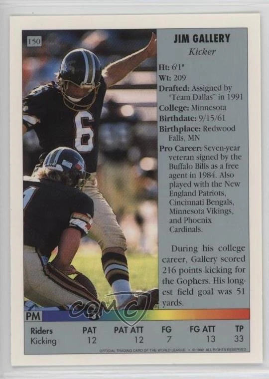 1992 Ultimate World League of American Football Jim Gallery #150 - Image 2 of 2