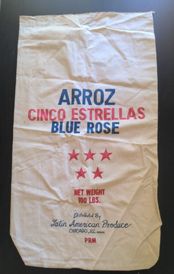 Vintage Arroz Cinco Estrellas Blue Rose 100lb Rice Bag Latin American 35 X 19.5