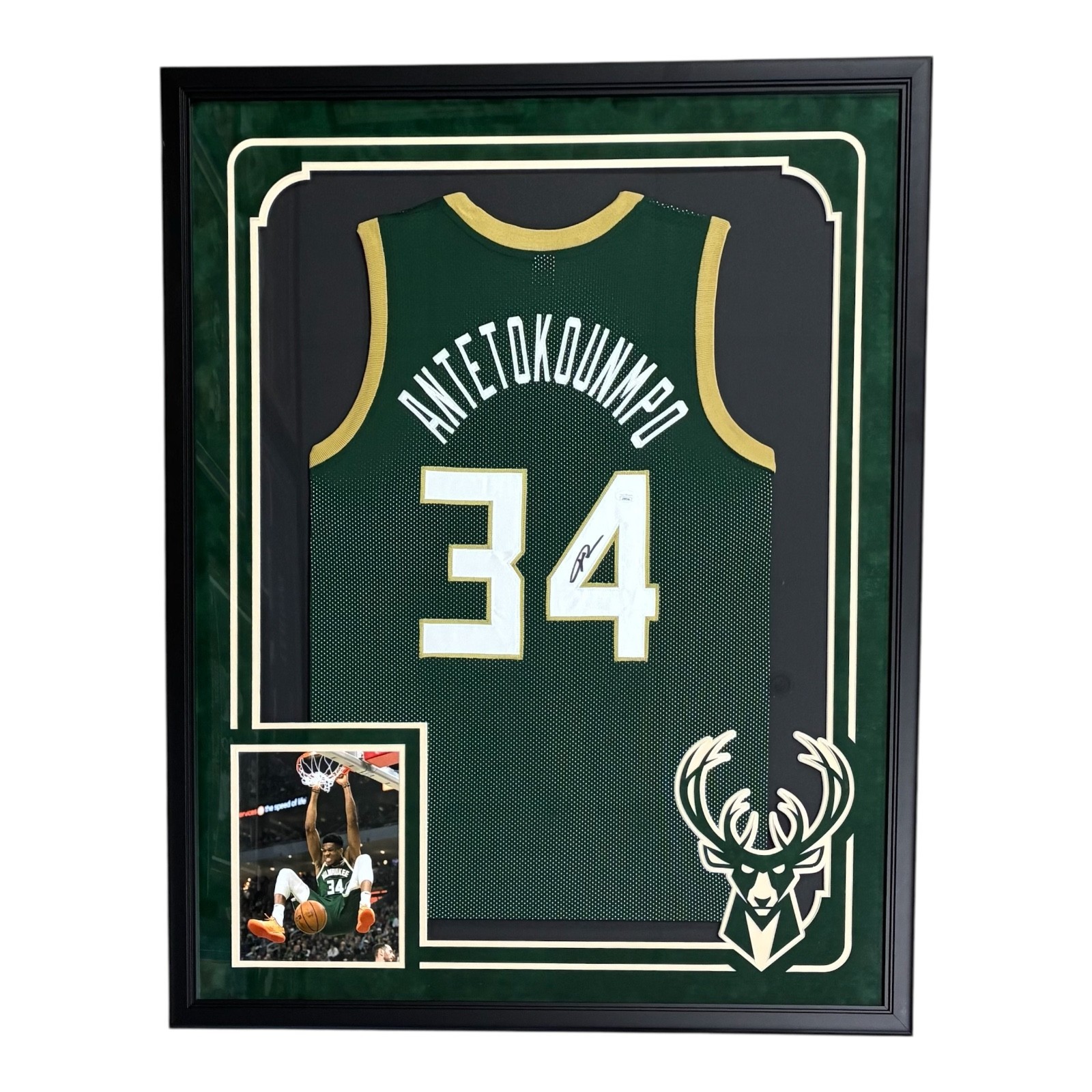 Giannis Antetokounmpo Autographed Signed FRAMED GREEN JERSEY JSA 