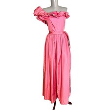 Handmade 80s Pink Off Shoulder Ruffle Maxi Dress Barbiecore Romantic XS Taffeta