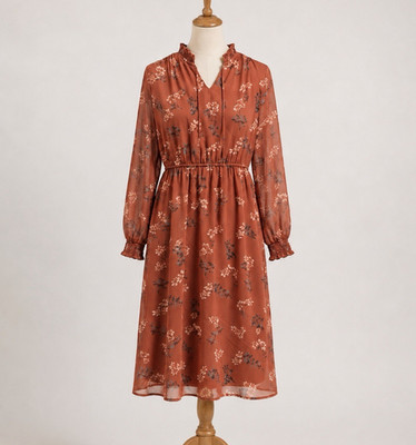 VERO MODA Chiffonkleid Gr. XS rotbraun Blumen V-Ausschnitt langarm knielang