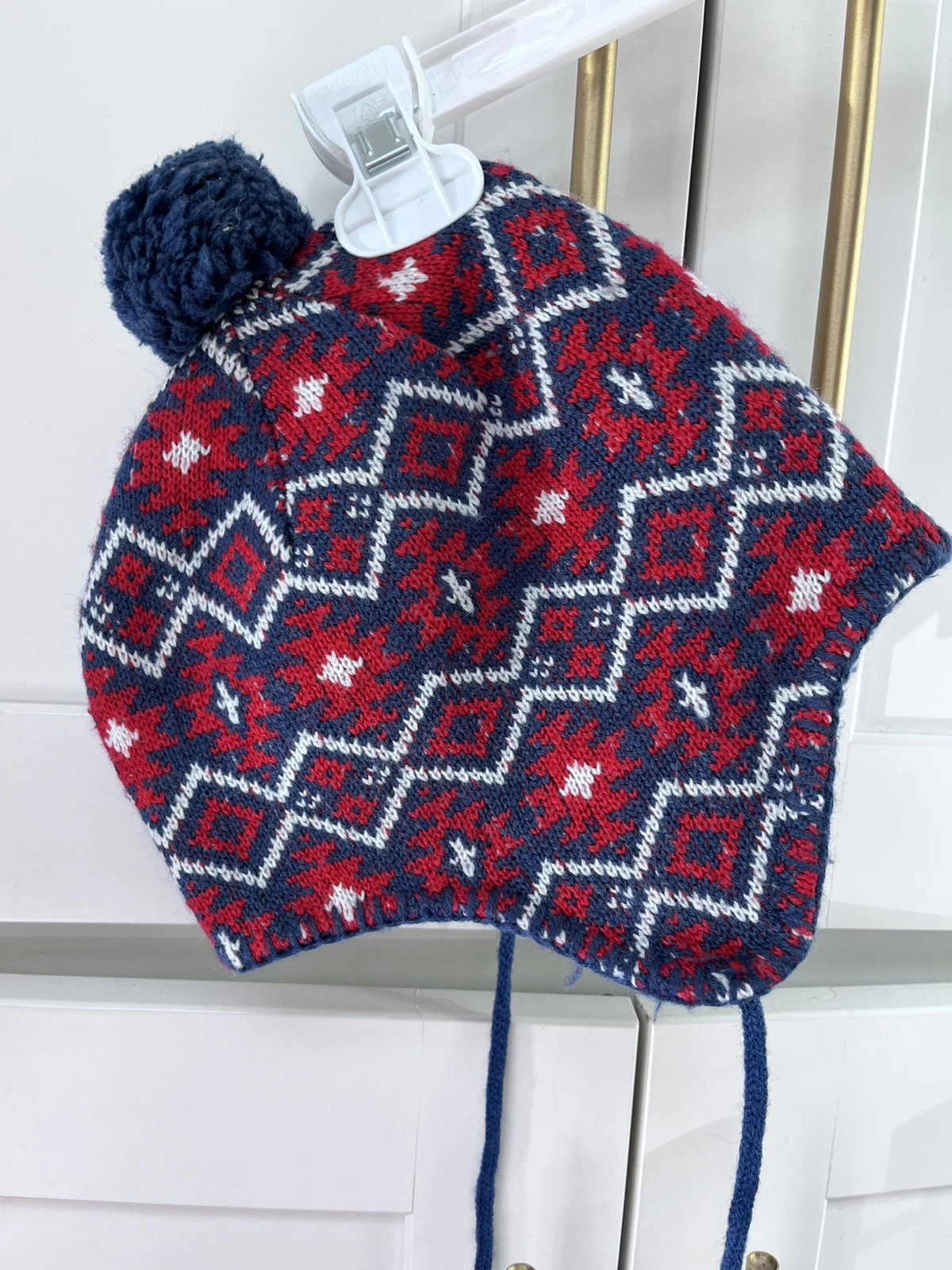 Polarn O Pyret Wind Fleece Winter Hat Red Blue Sweden 9mths-2 yrs Wool