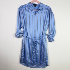 EXPRESS Blue Striped Satin Roll-Tab Sleeve Tie-Waist Shirt Dress Medium Petite