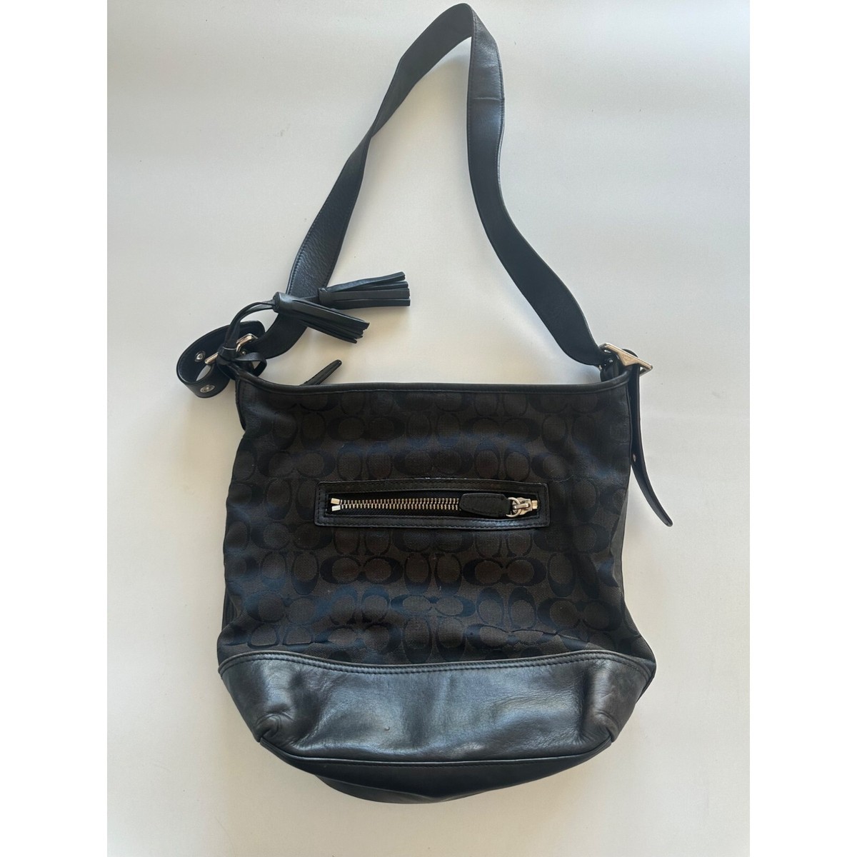 Coach Signature Canvas and Leather Shoulder Bag with Tassel Detail 