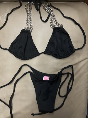NWOT Sexy Handmade Biker Chic Rock N Roll Tri-Top Tie-Side Bottom Thong Bikini