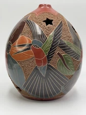 Candle Cover Hummingbirds Luminary Hand Carved Hand-Painted Signed By Artist