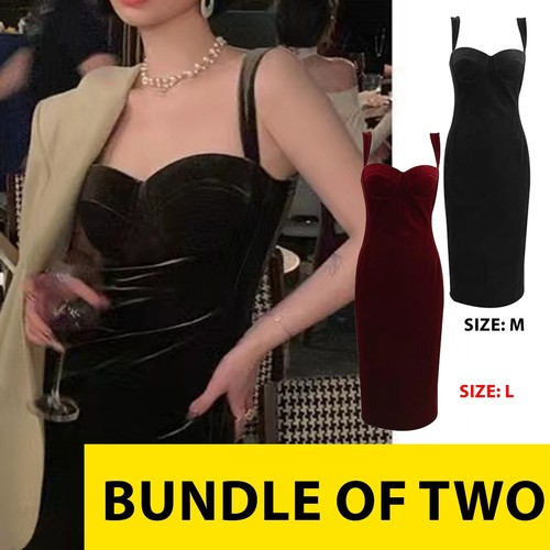 2 Cocktail Party Summer Red Midi Velvet Spaghetti Strap Dresses