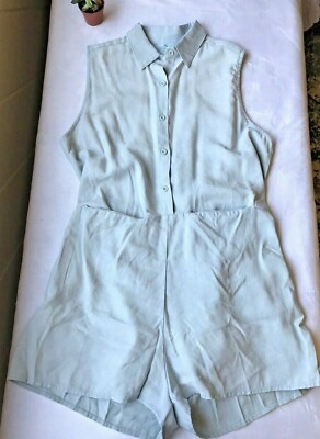 She + Sky Women's Large Romper Tank Misty Blue NWT Waist Pockets Collared Speckl