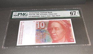 Rare High Grade PMG Switzerland, National Bank 10 Franken 1980 p53b 67UNC