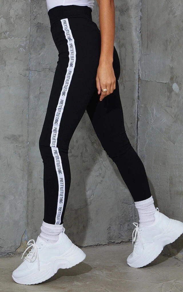 PrettyLittleThing Black Side Tape Leggings UK size 10 eBay