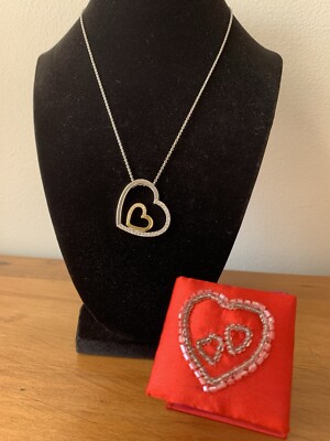 Double Heart Rhinestone Silver And Gold Tone Necklace From Avon With Box