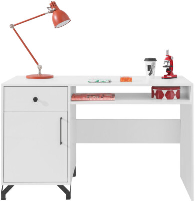 Schreibtisch BERGEN BE9 eintüriger 125 cm Bürotisch mit Schublade Weiß Hochglanz