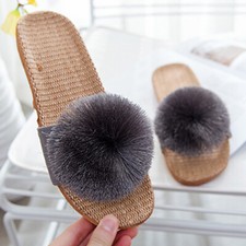 Lady Non-Slip Sandal Slippers Shoes Pom Pom Linen Blend Casual Summer Shoes Home