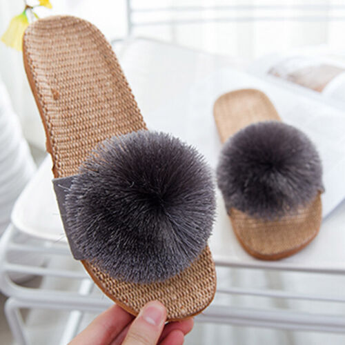 Lady Non-slip Sandal Slippers Shoes Pom Pom Linen Blend Casual Summer Shoes Home - Afbeelding 1 van 17