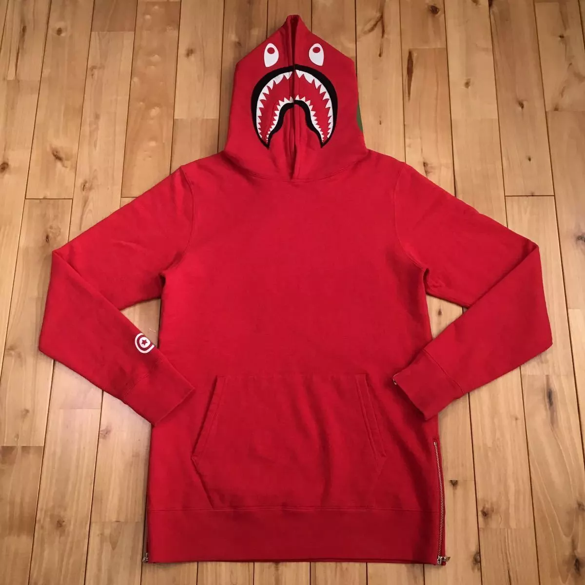 BAPE SHARK SIDE ZIP WIDE LONG LENGTH PULLOVER HOODIE Red A Bathing Ape Size  S